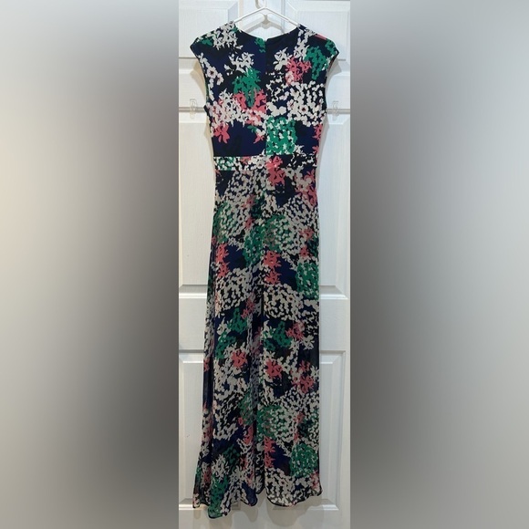 Just Taylor Faux Wrap Maxi Dress Navy Floral Sleeveless Sheer Overlay Lined Sz 2 - Picture 3 of 11